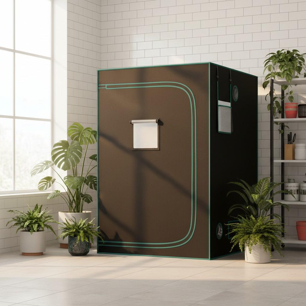 Modern indoor grow tent in a room with plants and shelves